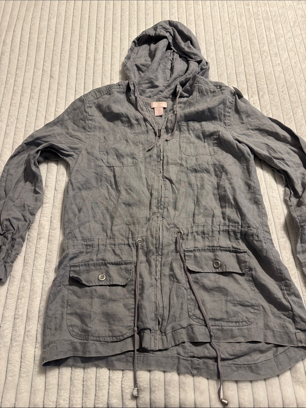 St. Tropez Charcoal Gray Hooded Utility Jacket 100% Linen